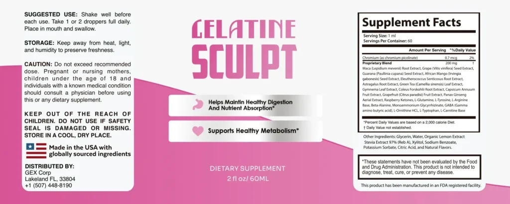Official Gelatine Sculpt supplement facts and ingredient label details.