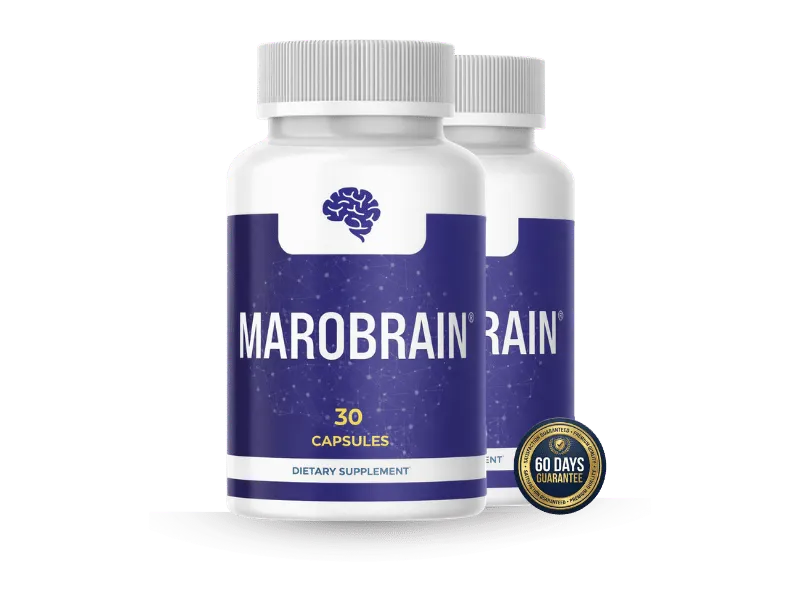 Two bottles of MaroBrain supplement with a 60-day cognitive supply promotional tag and discounted retail price badge.