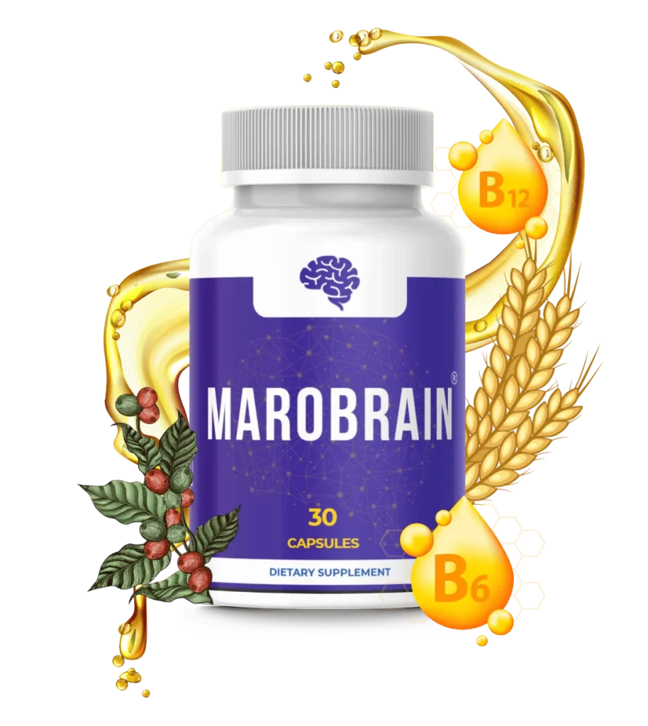 A single bottle of MaroBrain supplement standing next to a glowing 3D digital illustration of a human brain with active neural pathways.