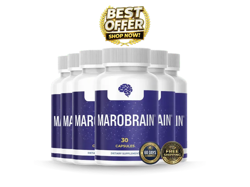 Six bottles of MaroBrain supplement arranged neatly with a massive Best Value discount ribbon and free shipping badges.