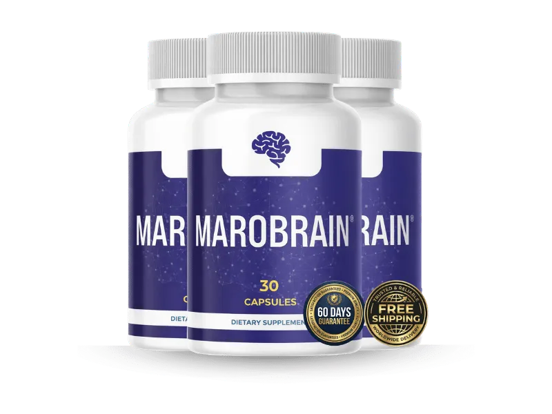 Three bottles of MaroBrain supplement clustered together with a 90-day memory health upgrade discount sticker.